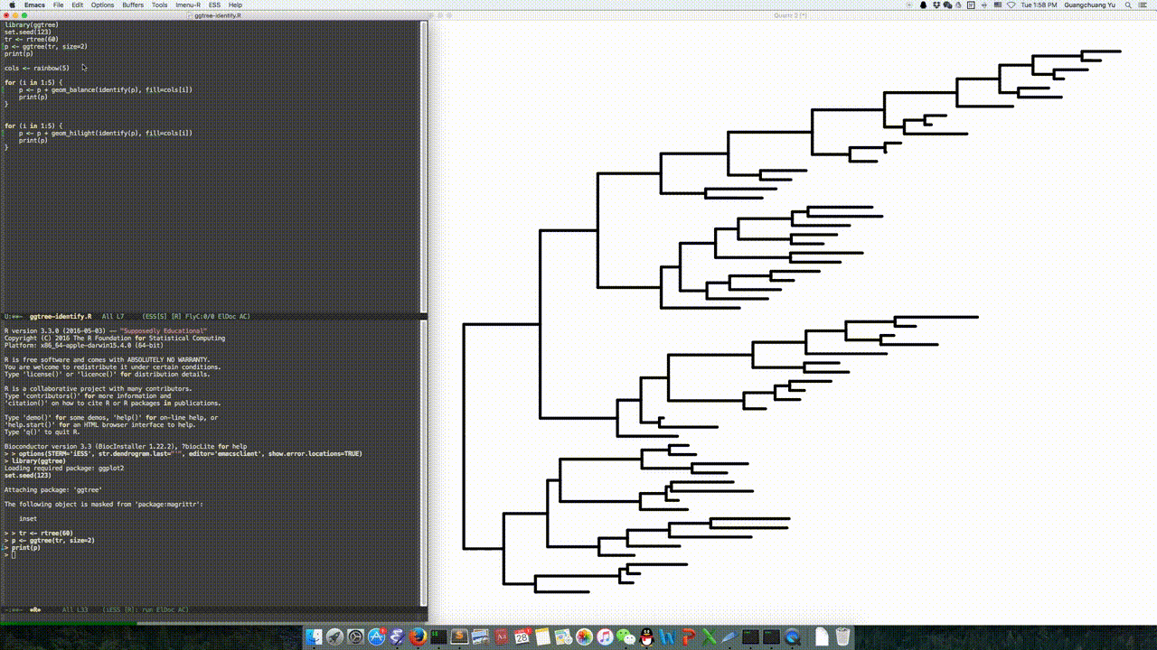 Interactive phylogenetic tree using identify() method. Highlighting, labelling and rotating clades are all supported.