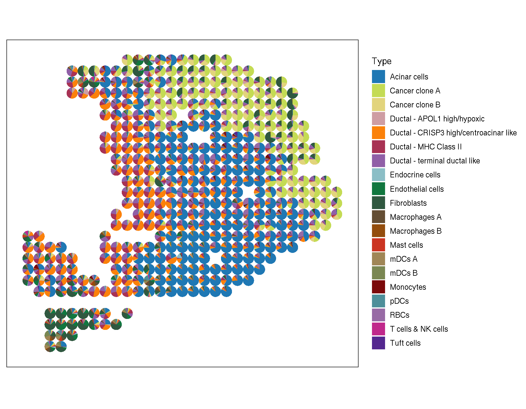 The pie plot of cell-type activity with the marker gene sets from reference single-cell transcriptome