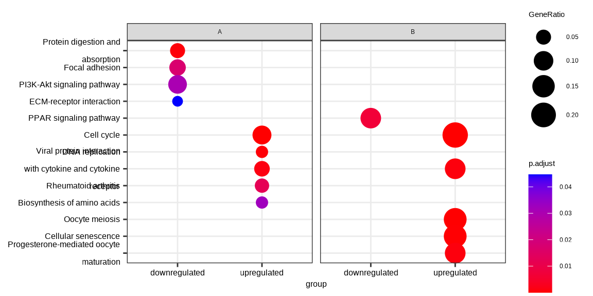 Comparing enrichment results of multiple gene lists defined by multiple variable. The results were visualized as a dot plot with an x-axis representing one level of conditions (the group variable) and a facet panel indicating another level of conditions (the othergroup variable).