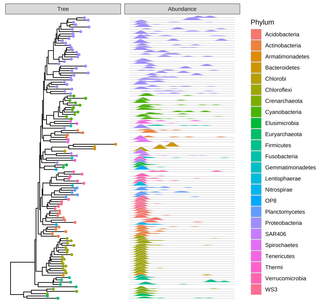 Phylogenetic tree with OTU abundance densities. Tips were colored by Phylum, and the corresponding abundances across different samples were visualized as density ridgelines and sorted according to the tree structure.